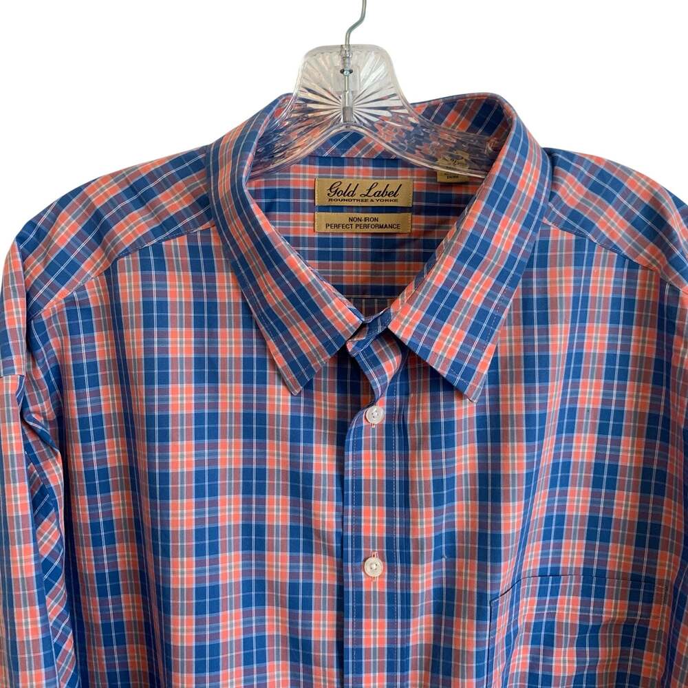 Roundtree & Yorke Gold Label Mens 3XL Blue Orange Plaid Button Down Shirt